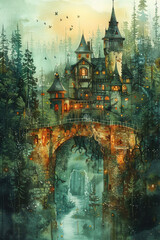 Obraz premium Enchanted Castle in Mystical Forest at Twilight with Glowing Lights