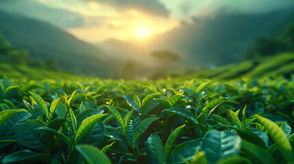 Fototapeta premium Sunrise Over Verdant Tea Plantation in Lush Mountainous Landscape