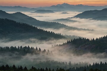 Misty mountain peaks rise into a pastelcolored sky