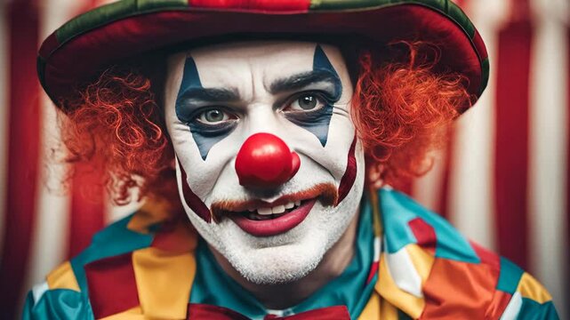 Funny sad clown with white make up face. Carnival mime artist performance. Lonely dramatic comedian grimace portrait. Scary tragicomic fun joker. Mysterious frightening comic character. Circus tent.