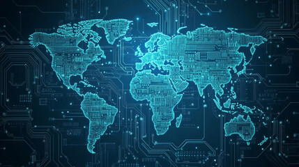Fototapeta premium Abstract green background with digital of particles and world map. Globe texture. International ai and innovation concept