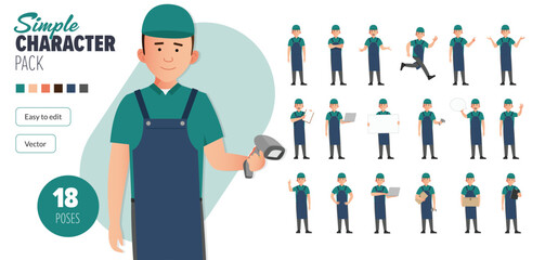 Simple flat shop assistant retail worker vector character in a set of multiple poses. Easy to edit and isolated on a white background. Modern trendy style character mega pack with lots of poses.	