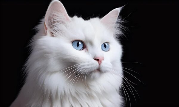 Wei&szlig;e Katze mit blauen Augen vor schwarzem Hintergrund