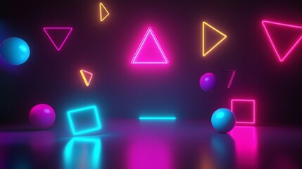 Neon glowing geometric shapes in a dark room with a reflective floor.