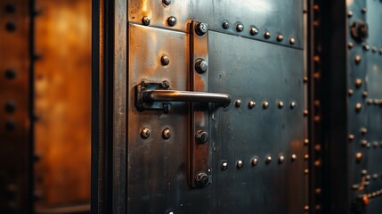 A close-up view of a vintage metal door with a sturdy handle and intricate rivet details, exuding a sense of history and security.