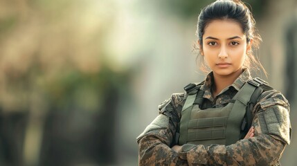 Confident Young Female Soldier of Indian Descent in Military Uniform Looking Determined, Outdoor Scene, Suitable for Defense, Strength, Diversity Themes