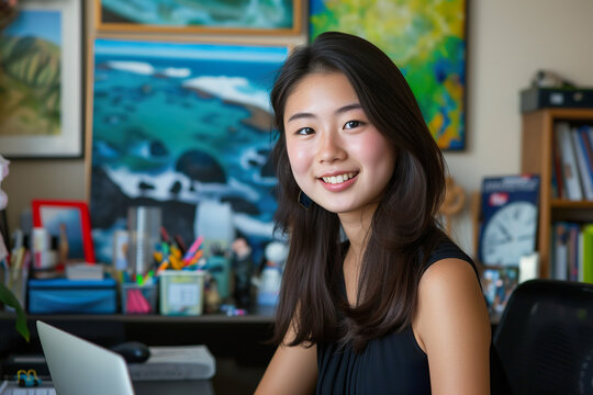 16 year old Asian girl sits at her desk with laptop in study area
