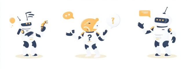 Stock, neural networks, and robots technology. AI chatbot with cute character.