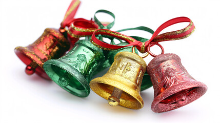 Classic Christmas Bells with Ribbon Bow on White Background
