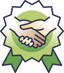 Icon of a handshake inside a round badge with ribbons, symbolizing agreement, partnership, or quality assurance.