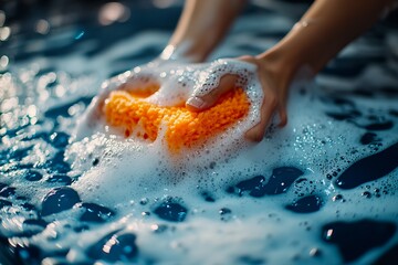 Fototapeta premium Close-Up of Car Washing Process with Sponge in Soapy Foam and Bubbles Featuring High-Quality Detailing new beautiful stock image illustration AI