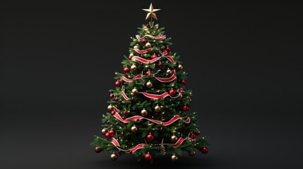 Fototapeta premium The tree is decorated with gold and red ornaments, and there is a gold star on top. On a black background