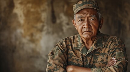 Obraz premium Elderly Pacific Islander Veteran Posed in Military Uniform with Folded Arms Against Rustic Background