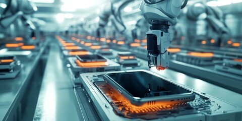 Obraz premium Robot arm assembling smartphones on factory line.