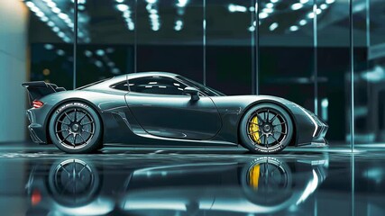 Grey sleek sportscar in a luxury car dealership