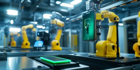 Fototapeta premium Robot arm placing smartphone on assembly line.