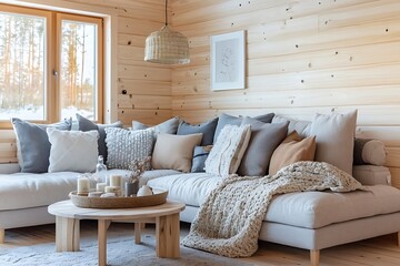 Tranquil Norwegian living room with soft textiles and calming wooden tones.