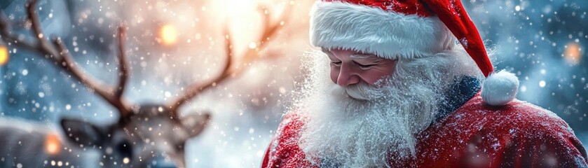 Fototapeta premium Cheerful Santa Claus in a snowy landscape, surrounded by a gentle snowfall and a majestic reindeer.
