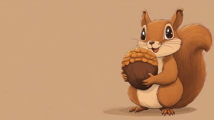 A cartoon squirrel holding a large acorn.