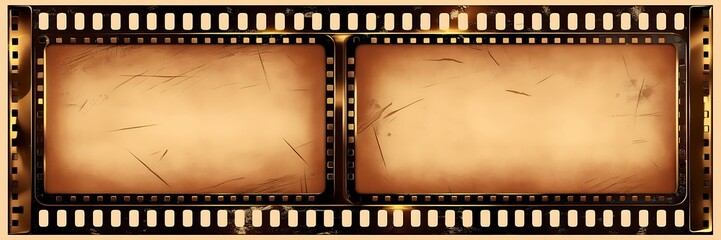 Vintage film strip design with three empty frames, black with white perforations, set against a sepia-toned background. Ideal for retro or cinematic-themed designs.