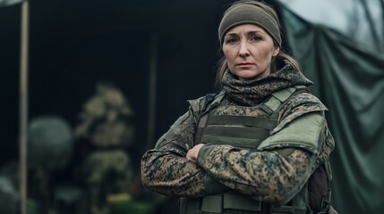 Fototapeta premium Determined Middleaged Eastern European Female Soldier Standing in Front of Military Tent in Camouflage Uniform