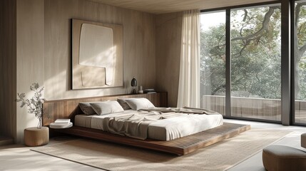 Fototapeta premium Bedroom with a large bed, a window with curtains and minimalist decor.