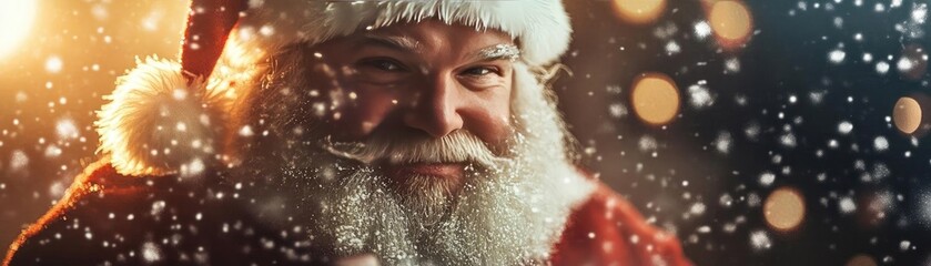 A joyful Santa Claus surrounded by snowflakes, spreading holiday cheer with a warm smile. Perfect for Christmas-themed imagery.