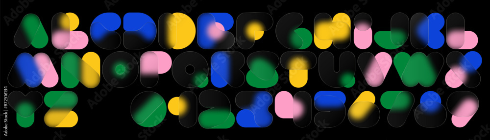 Fototapete Glassmorphism font with translucent shapes forming an abstract gradient alphabet and numbers. Minimalist vector letters with blur effect and layered transparency. 