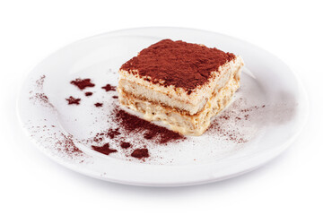 Delicious tiramisu cake with cocoa powder on white plate