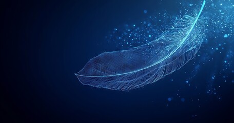 Digital Feather with Luminous Effects on Deep Blue Background