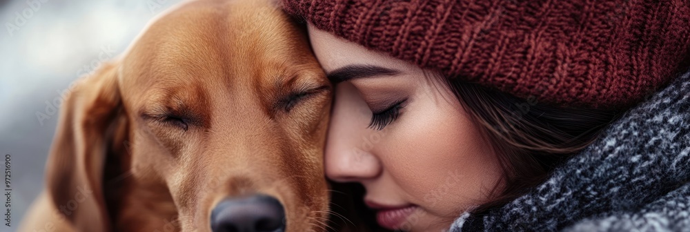 Canvas Prints A close-up of a woman and a dog sharing a tender moment, highlighting their bond.