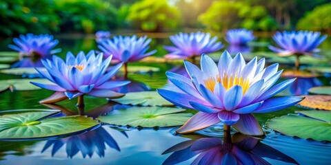 Fototapeta premium In the heart of the pond, delicate blue water lilies bloom in peaceful harmony, painting a serene landscape.