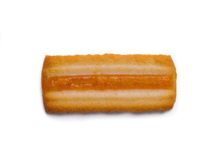 Rectangular cookie with apricot filling on white background