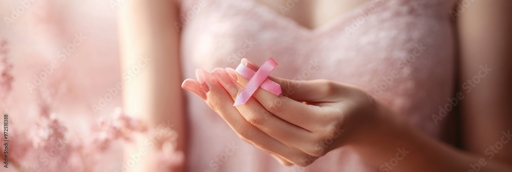 Poster A close-up of a hand holding pink ribbons, set against a soft, floral background.