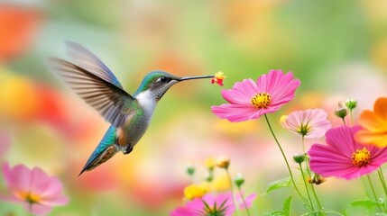 Fototapeta premium A hummingbird hovers in mid-air, its long beak extended to sip nectar from a pink cosmos flower. The background is a blur of vibrant colors, suggesting a lush garden setting.