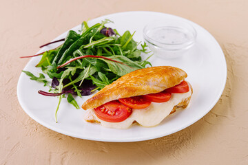 Grilled chicken breast stuffed with cheese and tomato with salad on the side