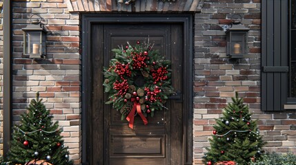 A house with a dark wooden door decorated with a Christmas wreath of fir branches.