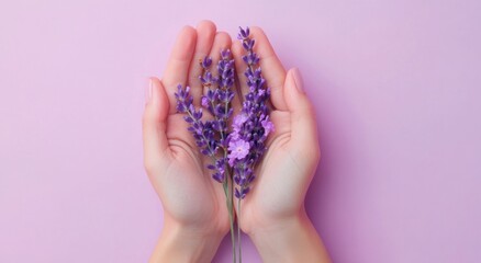 Hands holding purple flowers on a pastel background, symbolizing beauty and tranquility.