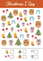 Christmas, I spy. Math worksheet. Mathematic activities for schooling, early education. Counting educational logical game. Kid lessons, W inter preschool kindergarten educational activity for kids.