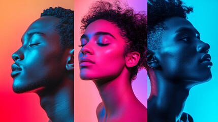 Three models, two male and one female, pose with eyes closed under vibrant, colorful lighting
