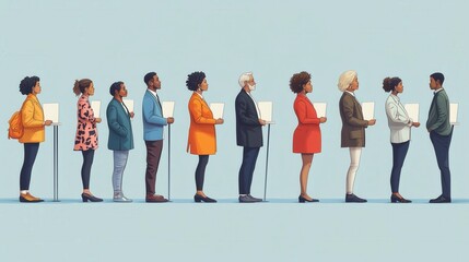 Obraz premium US Presidential Election image showcasing diverse group of voters different ages and ethnic groups, standing in line at polling station with ballot, in hopeful inclusive atmospher. Modern illustration