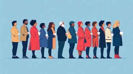 Fototapeta premium US Presidential Election image showcasing diverse group of voters different ages and ethnic groups, standing in line at polling station with ballot, in hopeful inclusive atmospher. Modern illustration