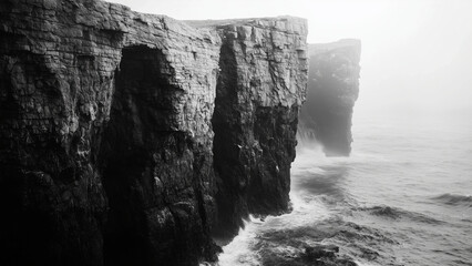 Rocky cliffs and ocean waves in black and white
