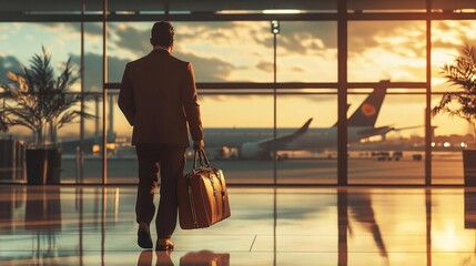 A businessman walks toward a large window overlooking an airplane on the tarmac at sunset, carrying a leather suitcase.
