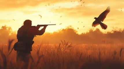 A hunter aims his shotgun at a flying bird in a field at sunset.