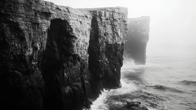 Rocky cliffs and ocean waves in black and white, minimalist landscape, monochrome, seascape, coastline, cliffs, ocean, waves