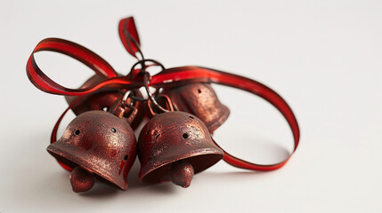 Festive Christmas Bells Tied with Red Ribbon on White background 