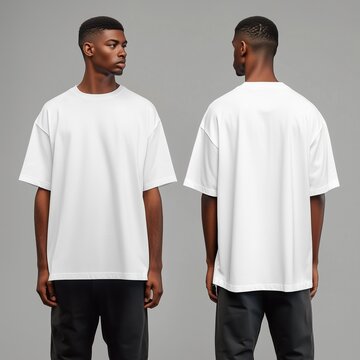 Man white oversized tshirt mockup, both sides. Black man model in short sleeve tshirt mock up. Men's shirt front and back view, basic tshirt, two sides mock