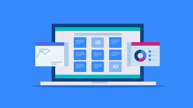 Business using paid media native advertising for growth, analysis data of content interaction and customer conversion insights on dashboard screen, video animation concept.