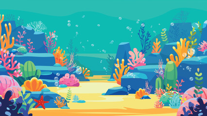 Underwater bright reef cartoon background. Undersea with corals and seaweed, sea bottom, seabed vector illustration flat design solid colors © Violetta